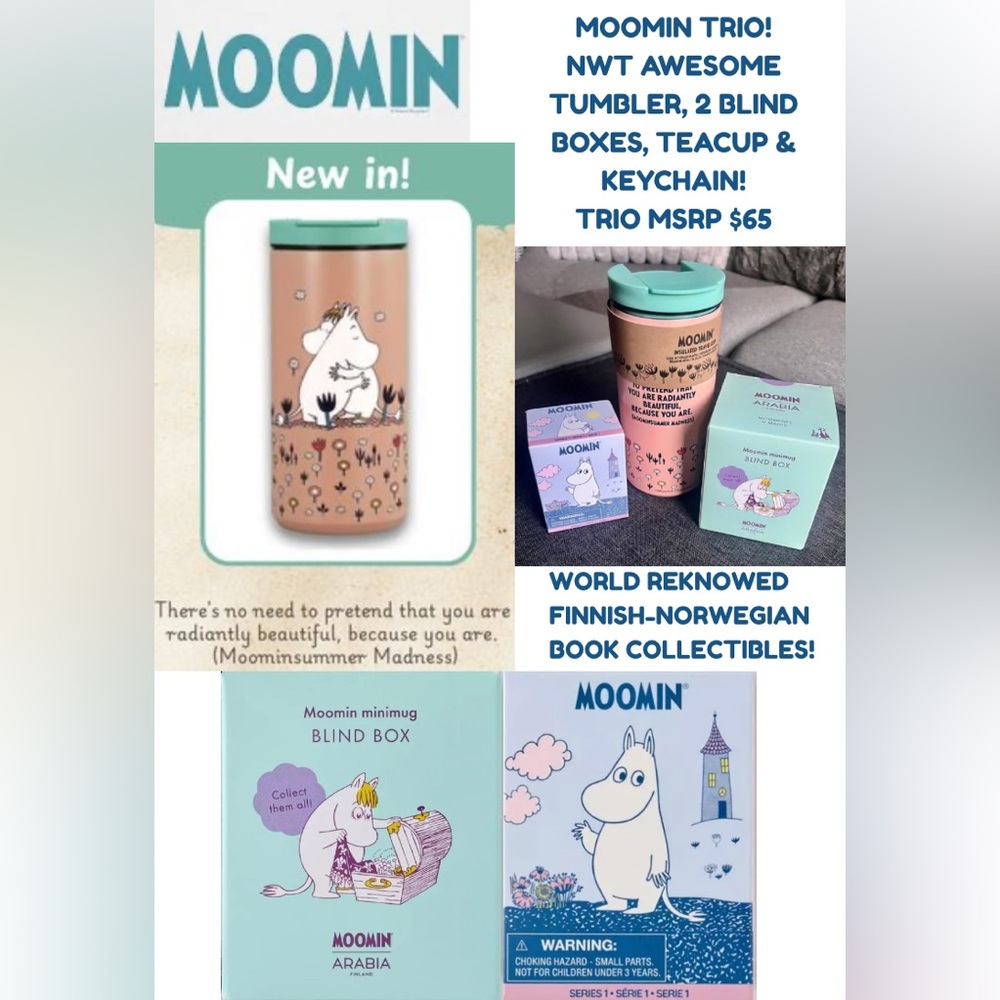 NWT MOOMIN COLD/HOT TUMBLER & MOOMIN COLLECTIBLES BLIND BOX PIN & KEYCHAIN!